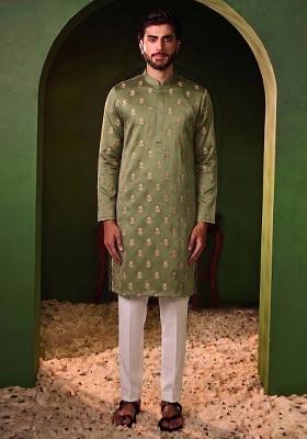 Olive Green Handwork Silk Blend Kurta Set