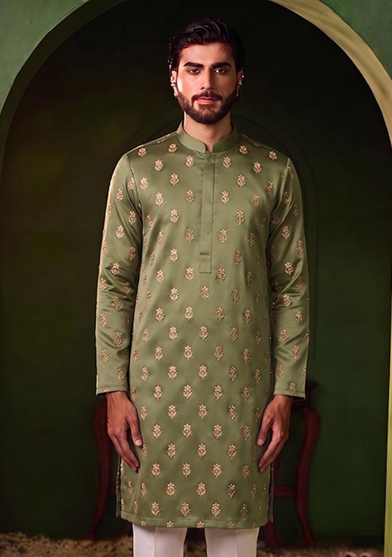 Olive Green Handwork Silk Blend Kurta Set - Indya