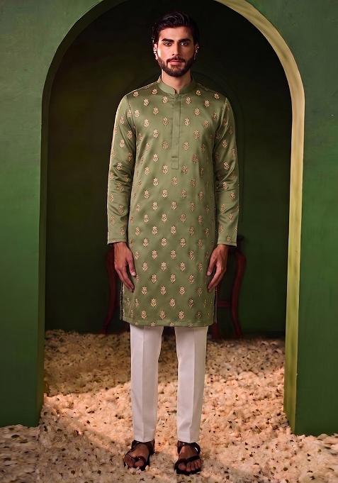 Olive Green Handwork Silk Kurta Set