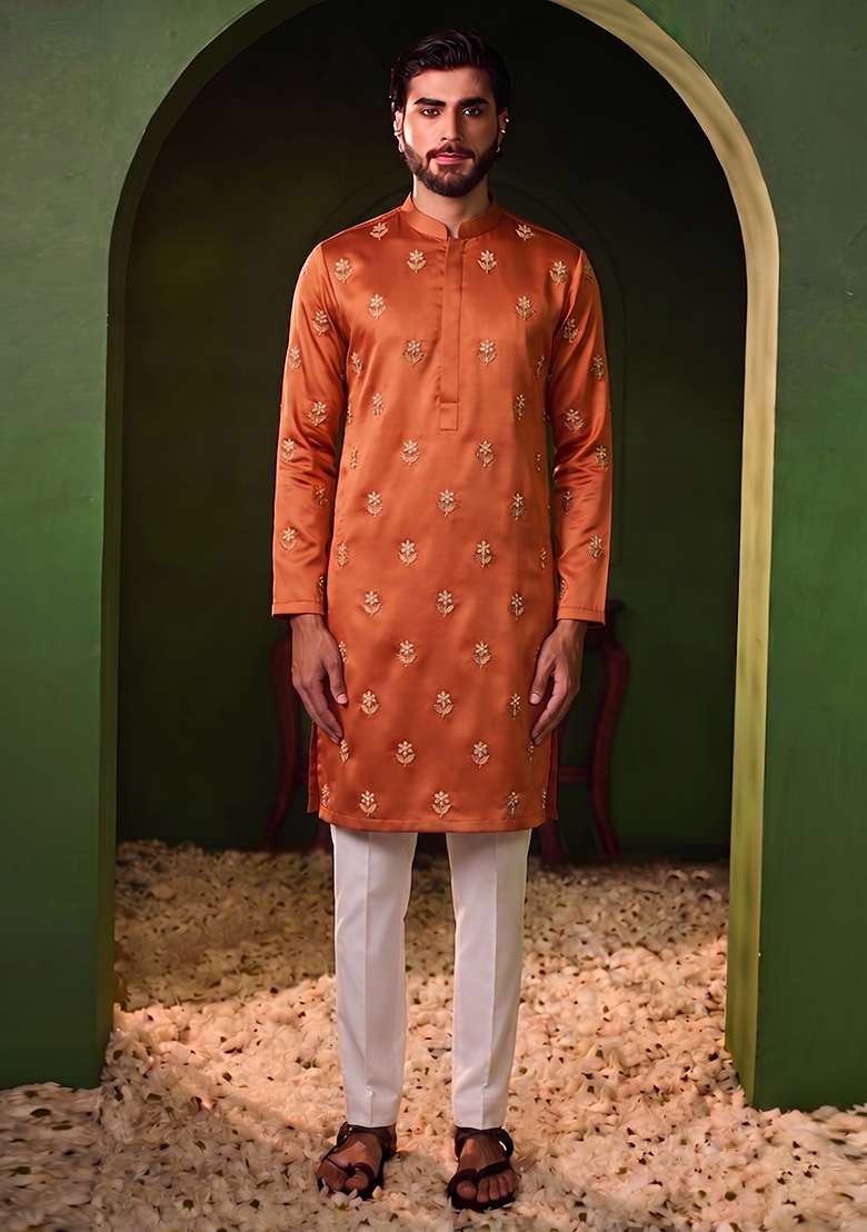 Rust Handwork Silk Blend Kurta Set - Indya