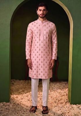 Light Pink Handwork Silk Blend Kurta Set
