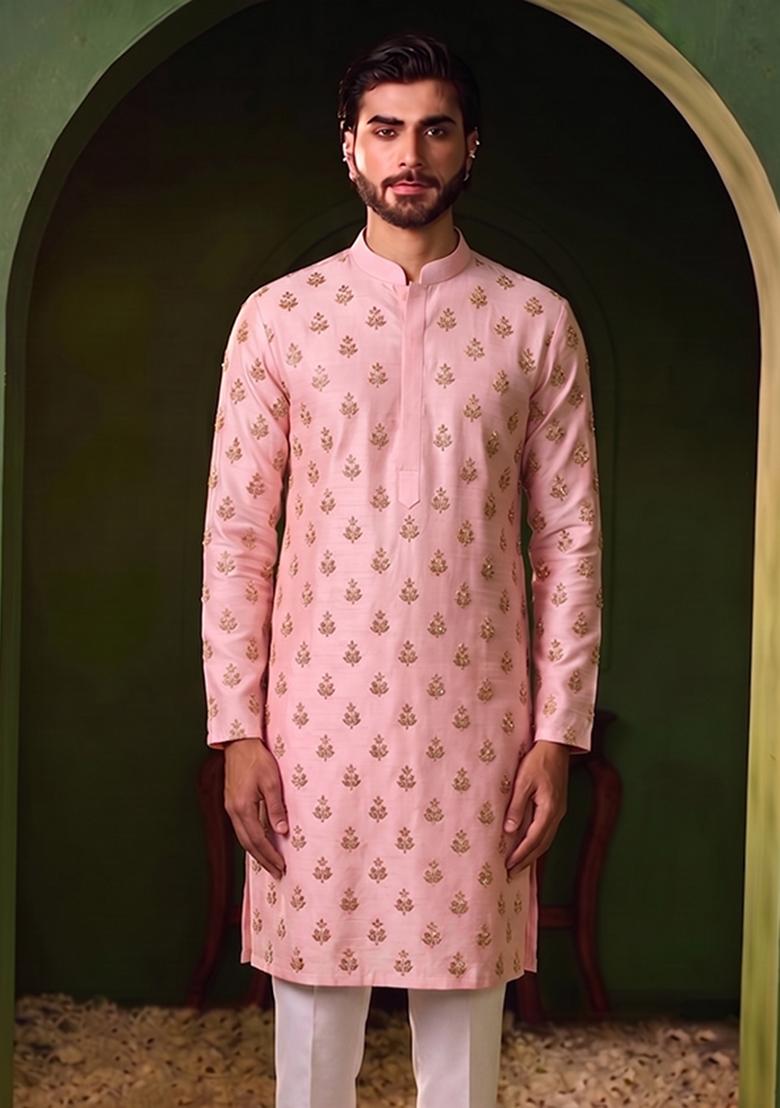 Light Pink Handwork Silk Blend Kurta Set - Indya