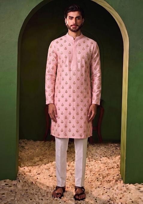 Light Pink Handwork Silk Blend Kurta Set