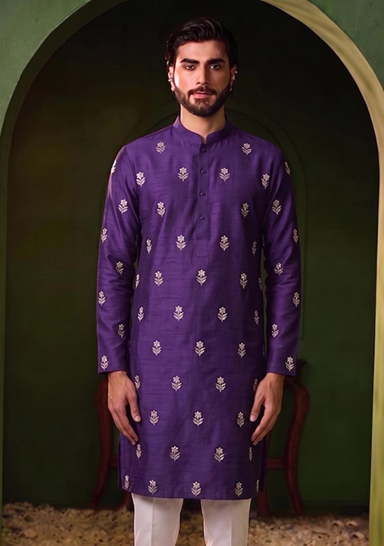 Purple Handwork Silk Blend Kurta Set - Indya