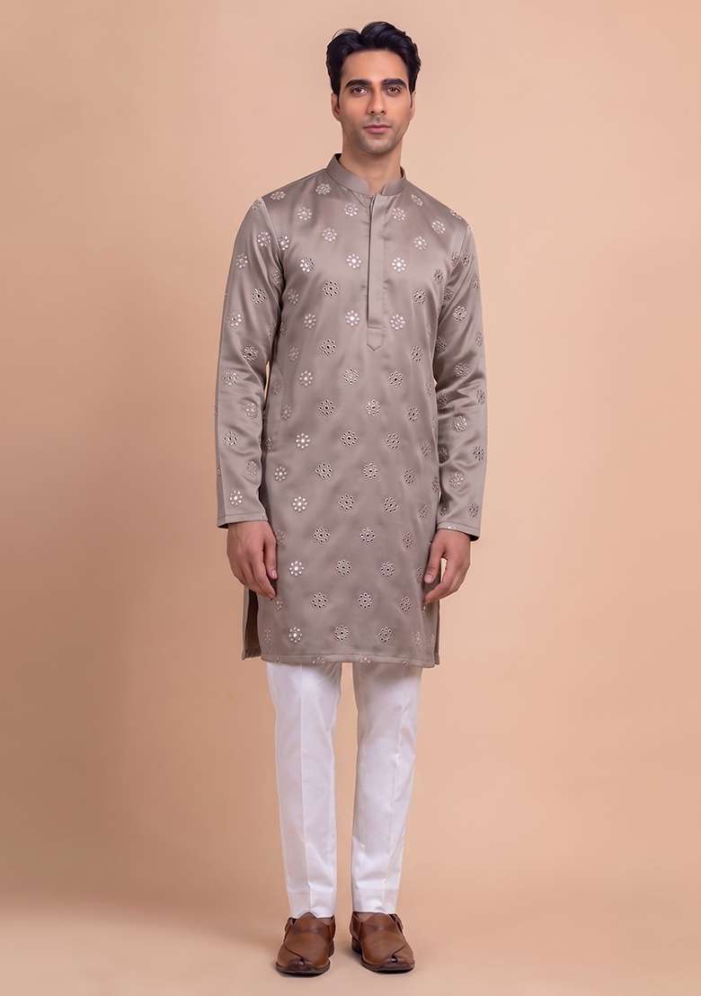 Grey Handwork Silk Blend Kurta Set - Indya