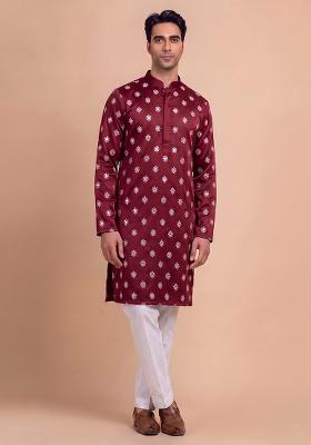 Maroon Handwork Silk Blend Kurta Set