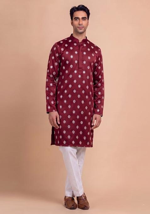 Maroon Handwork Kurta Set For Men