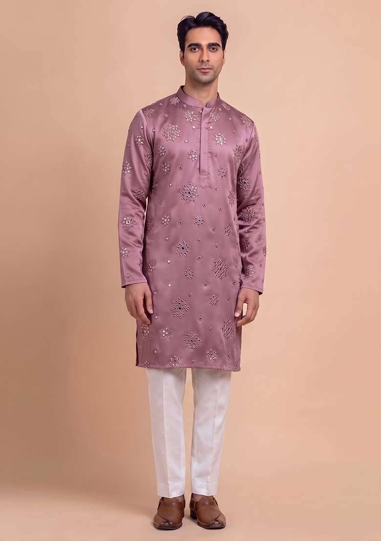 Mauve Handwork Silk Blend Kurta Set - Indya