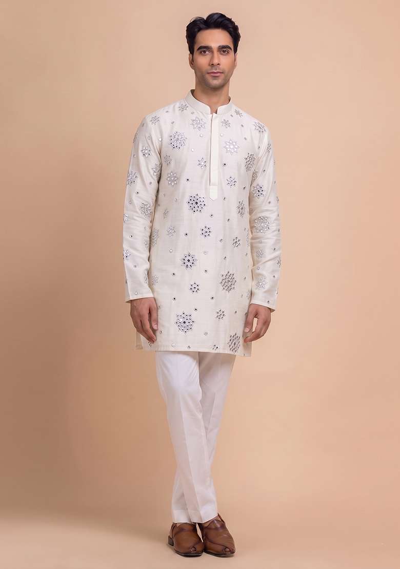 Ivory Handwork Silk Blend Kurta Set - Indya