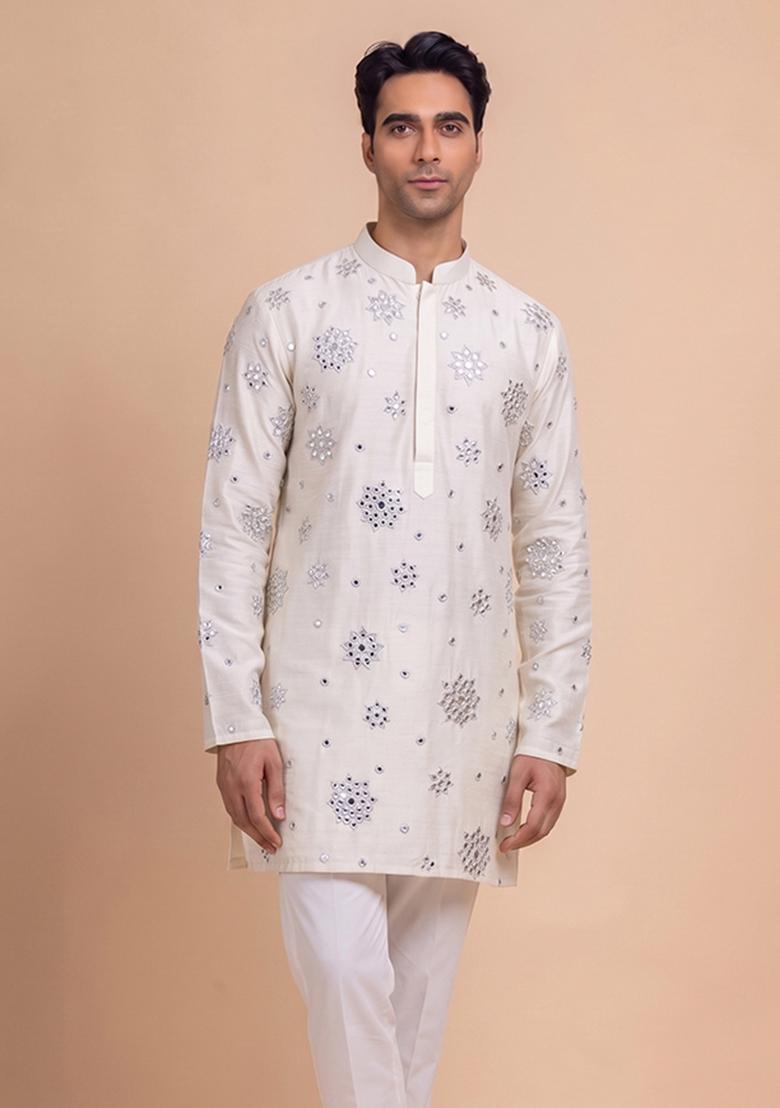 Ivory Handwork Silk Blend Kurta Set - Indya