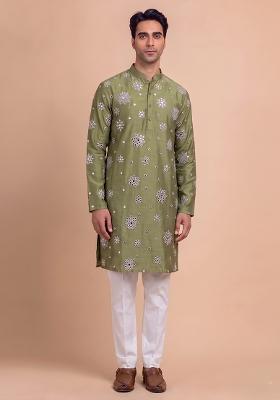 Olive Green Handwork Silk Blend Kurta Set