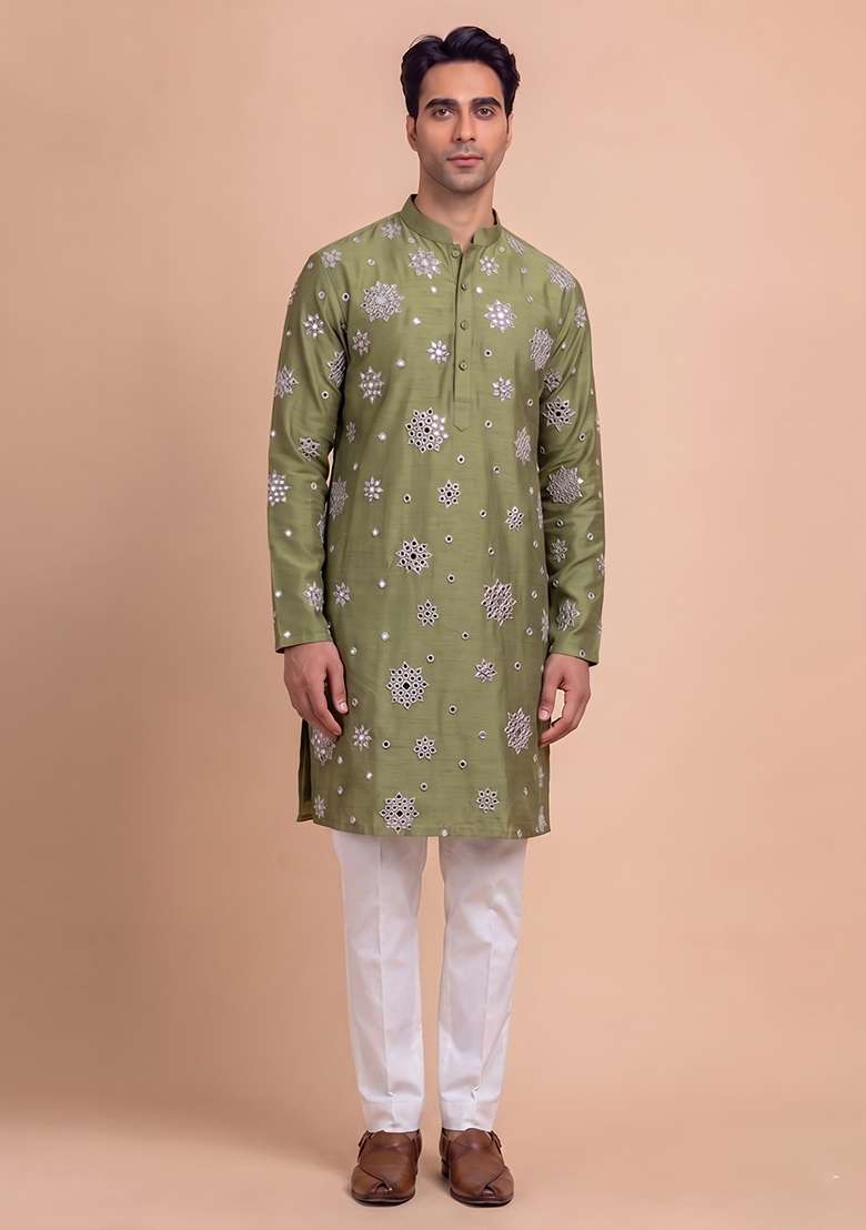 Olive Green Handwork Silk Blend Kurta Set - Indya