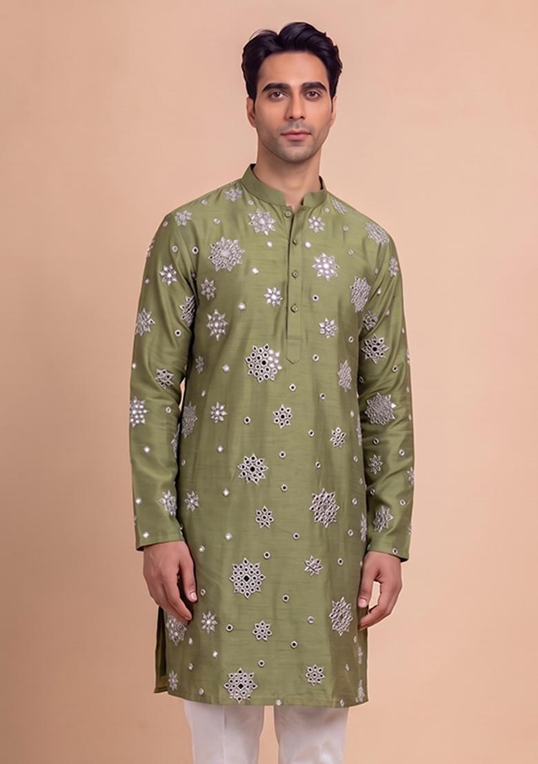 Olive Green Handwork Silk Blend Kurta Set - Indya