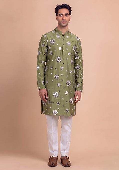 Olive Green Handwork Kurta Set For Men