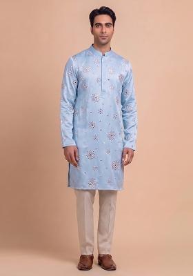Sky Blue Handwork Silk Blend Kurta Set
