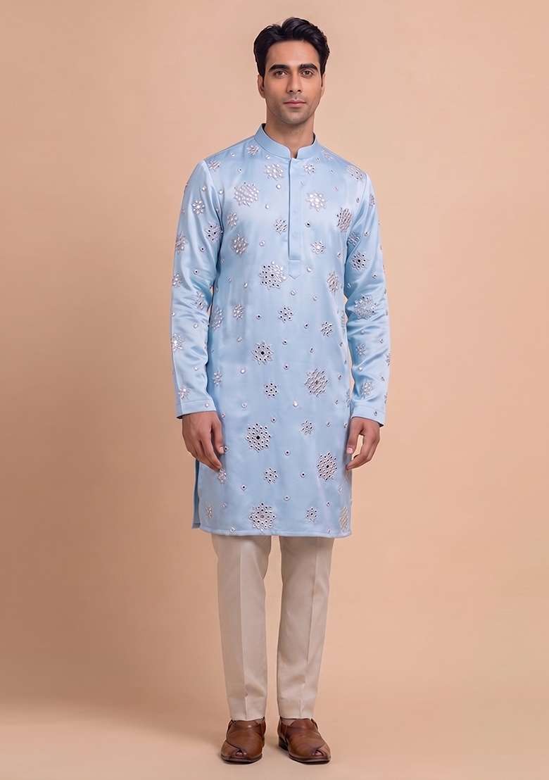 Sky Blue Handwork Silk Blend Kurta Set - Indya