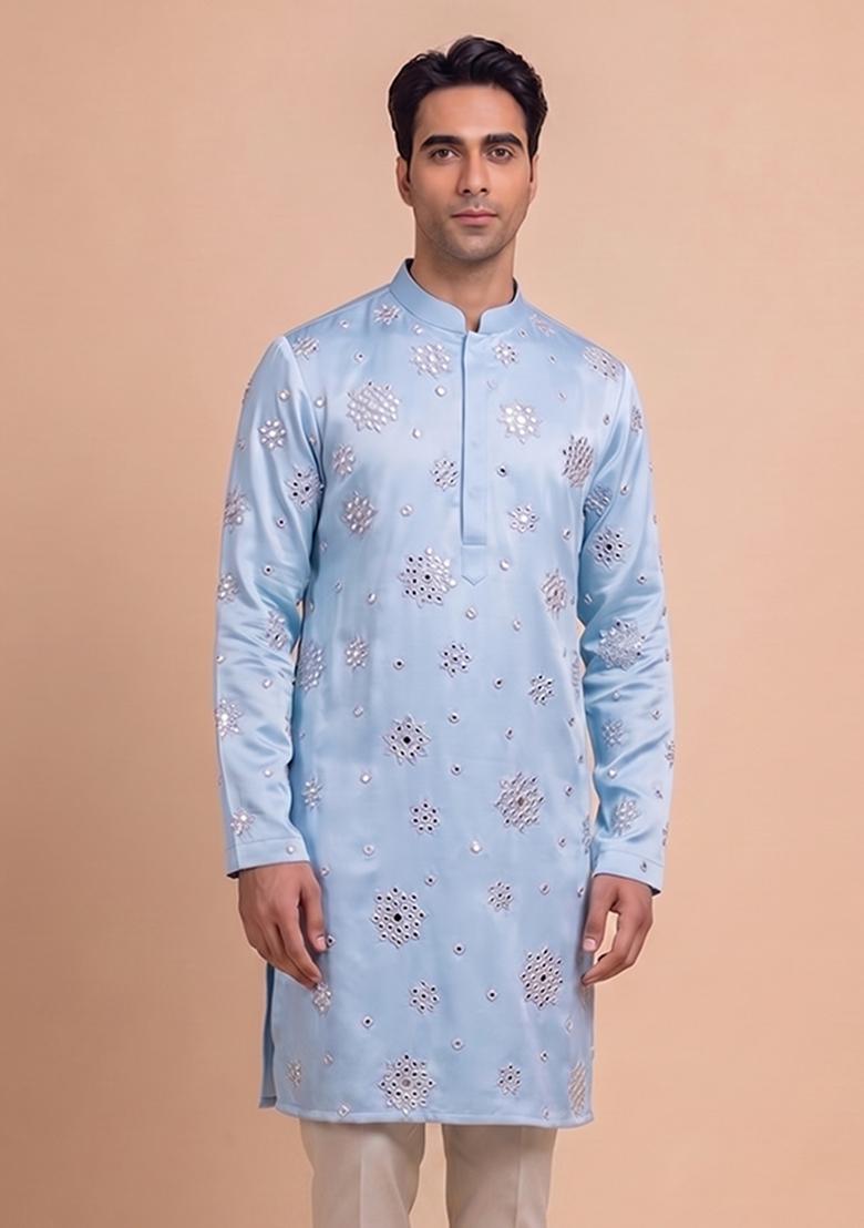 Sky Blue Handwork Silk Blend Kurta Set - Indya