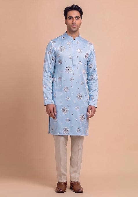 Sky Blue Handwork Kurta Set For Men