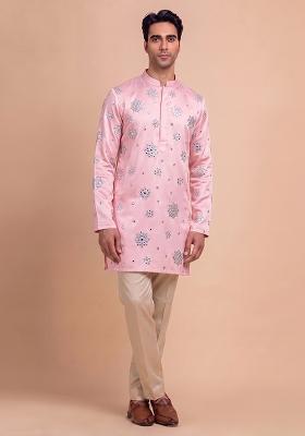 Light Pink Handwork Silk Blend Kurta Set