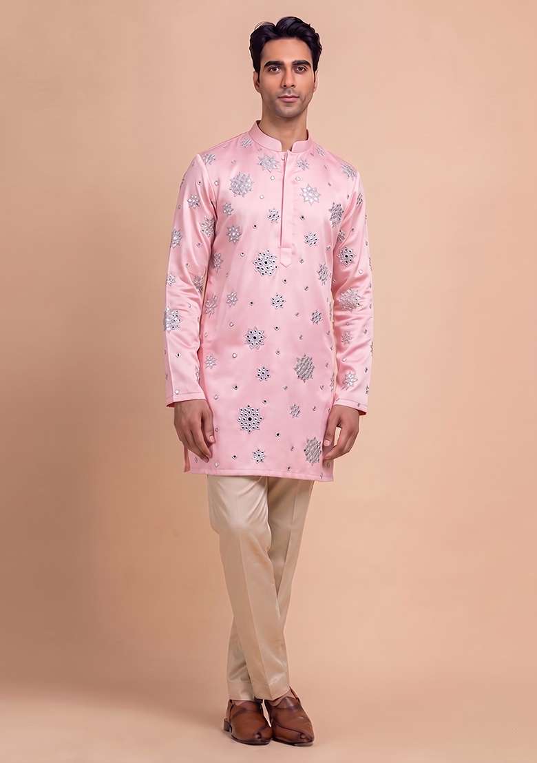 Light Pink Handwork Silk Blend Kurta Set - Indya