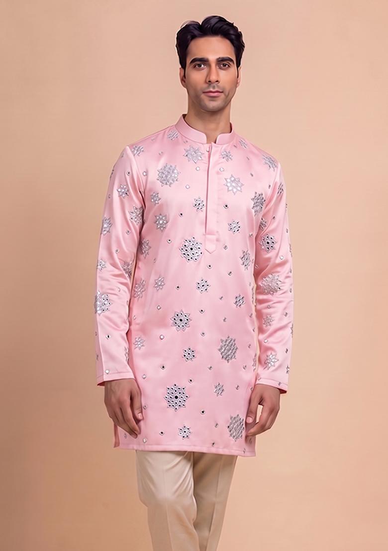 Light Pink Handwork Silk Blend Kurta Set - Indya