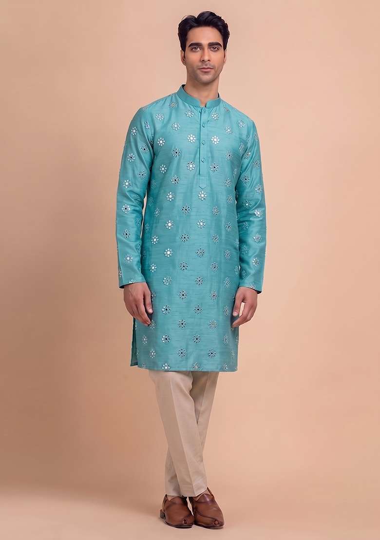 Teal Handwork Silk Blend Kurta Set - Indya