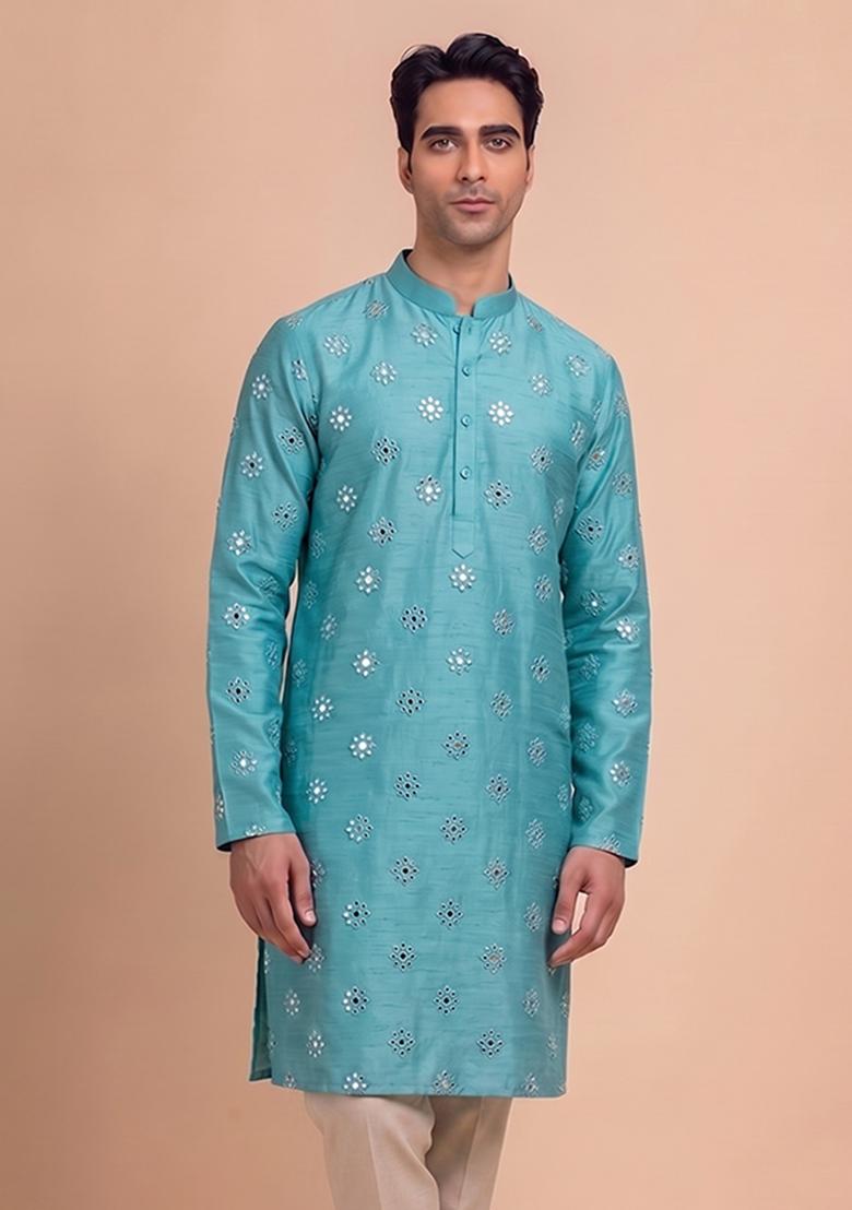 Teal Handwork Silk Blend Kurta Set - Indya