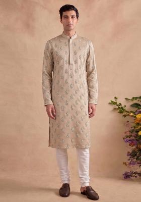 Beige Handwork Satin Kurta Set