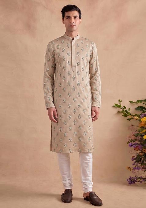 Beige Handwork Kurta Set For Men