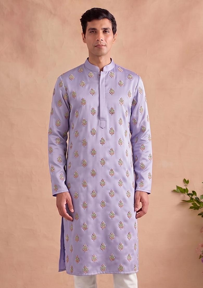 Lavender Handwork Satin Kurta Set - Indya