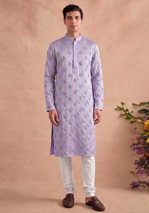 Lavender Handwork Kurta Set For Men