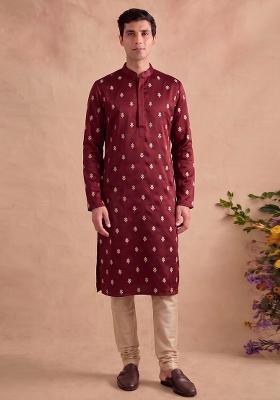 Maroon Handwork Satin Kurta Set