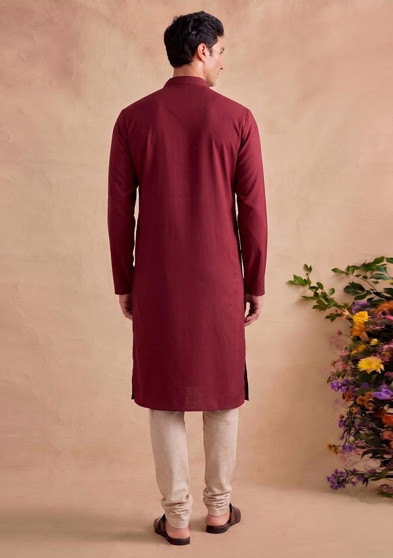 Maroon Handwork Satin Kurta Set - Indya