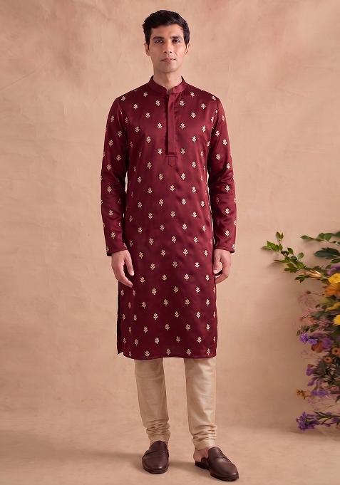 Maroon Handwork Satin Kurta Set