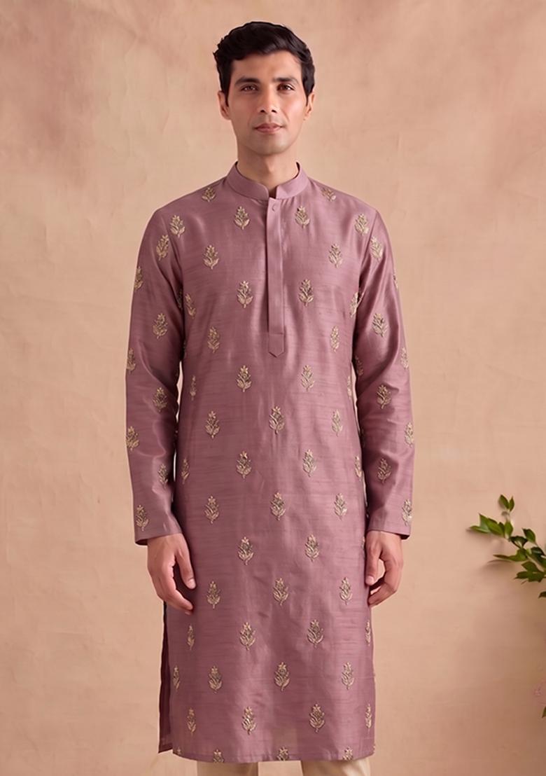 Mauve Handwork Satin Kurta Set - Indya