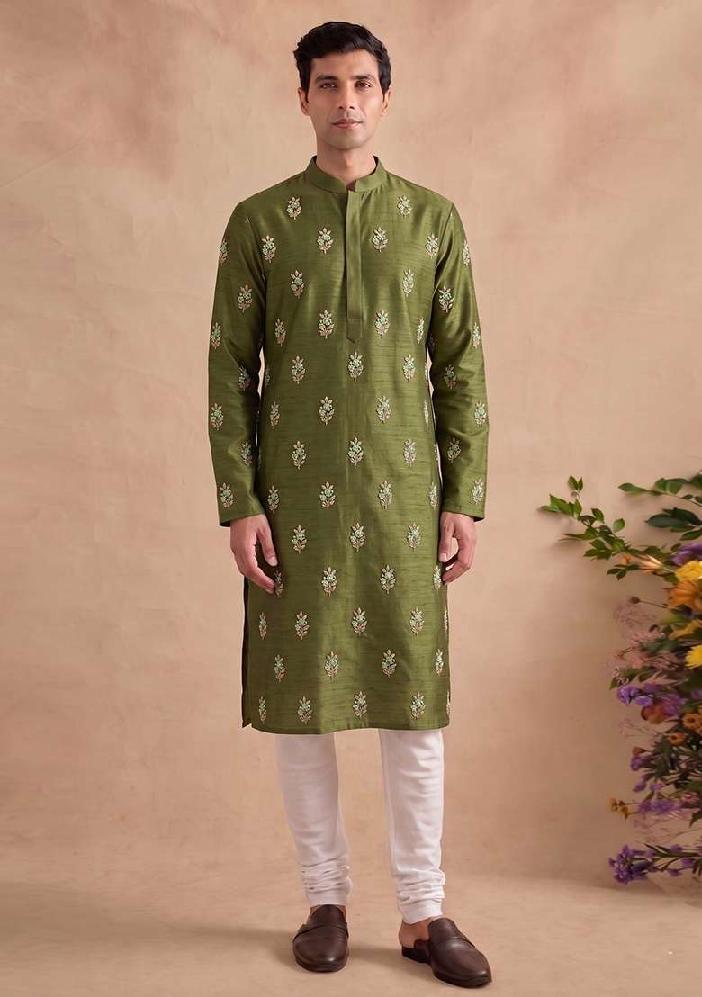 Olive Green Handwork Satin Kurta Set - Indya