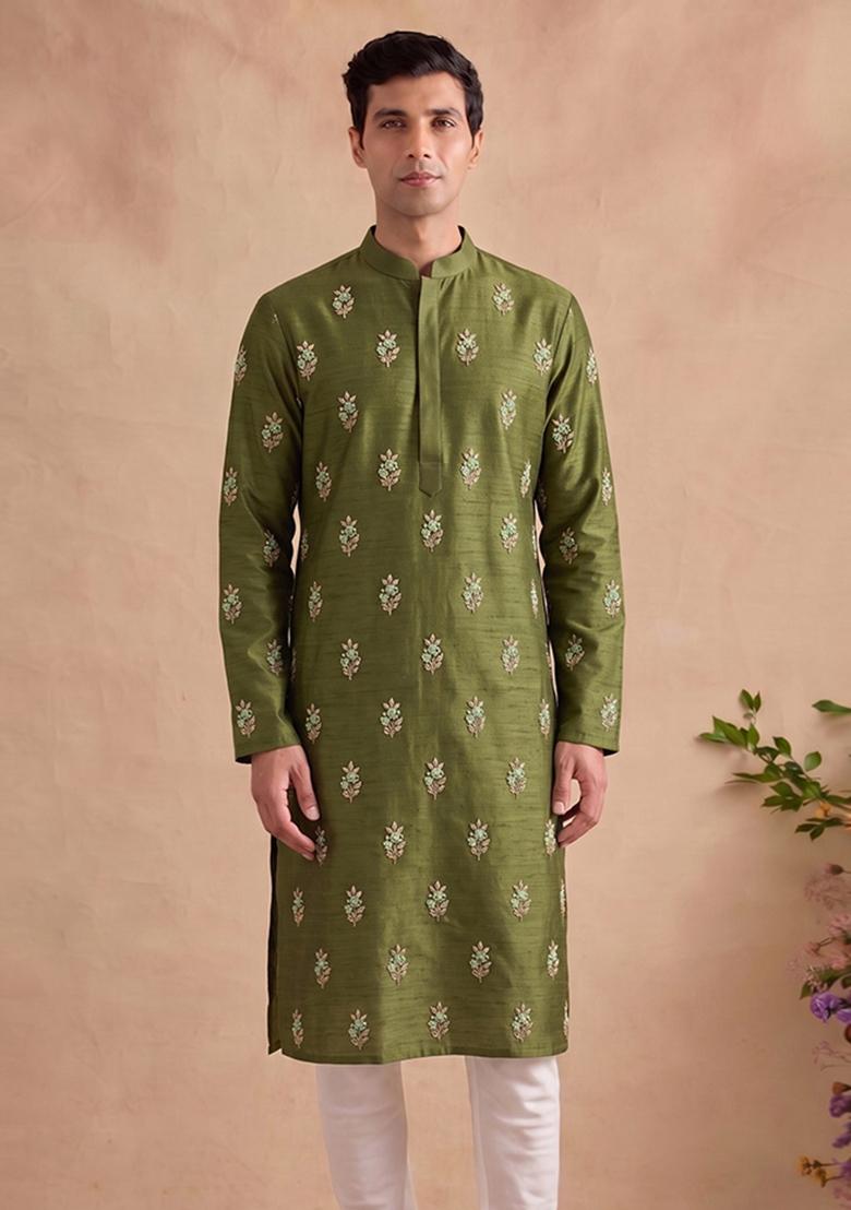 Olive Green Handwork Satin Kurta Set - Indya