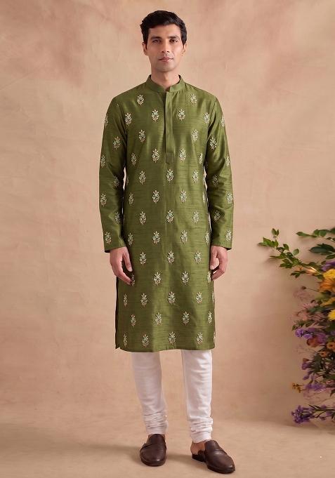 Olive Green Handwork Satin Kurta Set