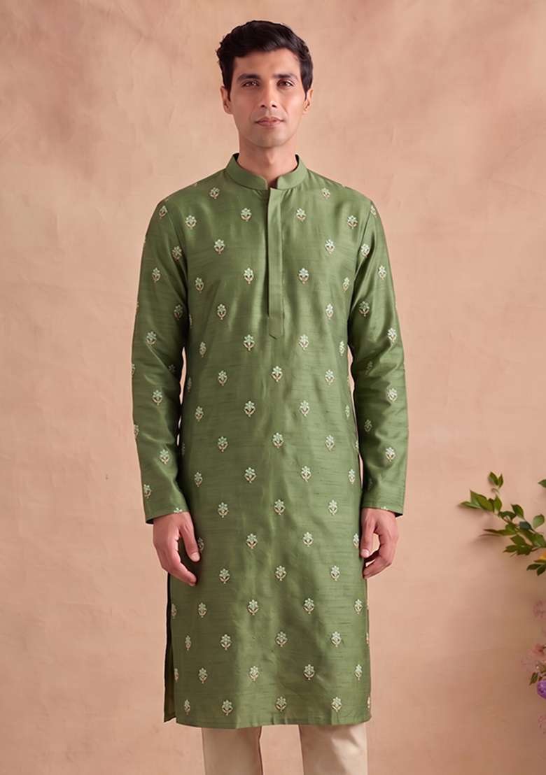 Sage Green Handwork Satin Kurta Set - Indya