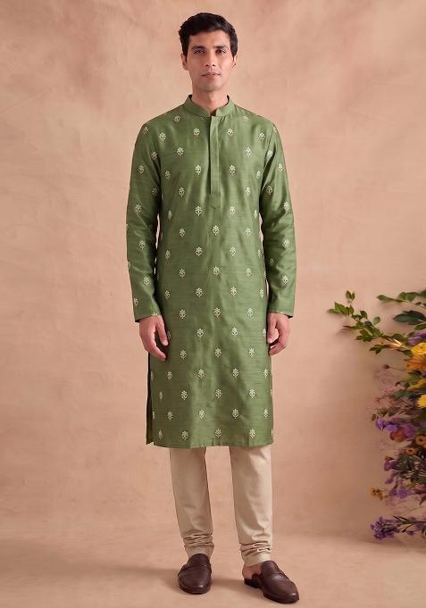 Sage Green Handwork Satin Kurta Set