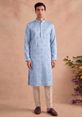 Sky Blue Handwork Satin Kurta Set