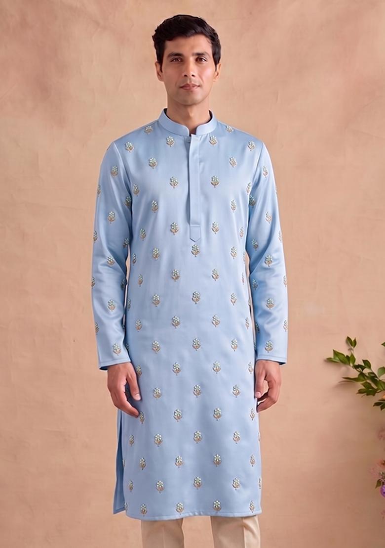 Sky Blue Handwork Satin Kurta Set - Indya