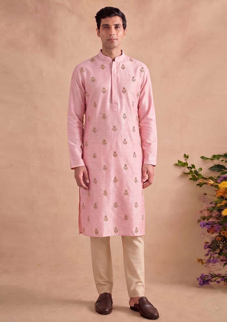 Light Pink Handwork Satin Kurta Set - Indya