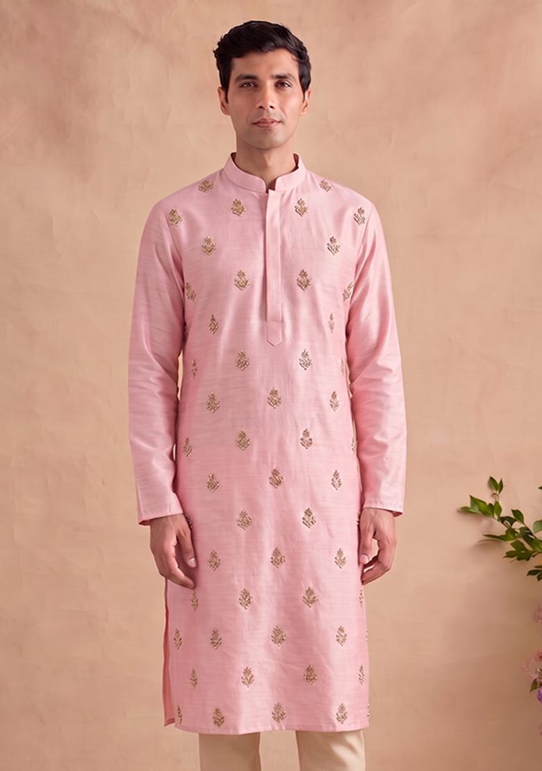 Light Pink Handwork Satin Kurta Set - Indya