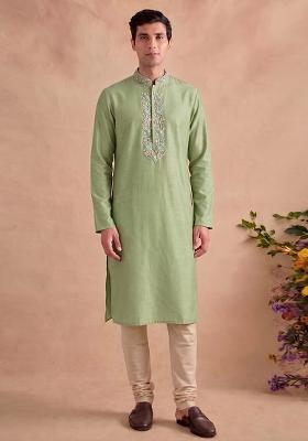 Olive Green Handwork Satin Kurta Set