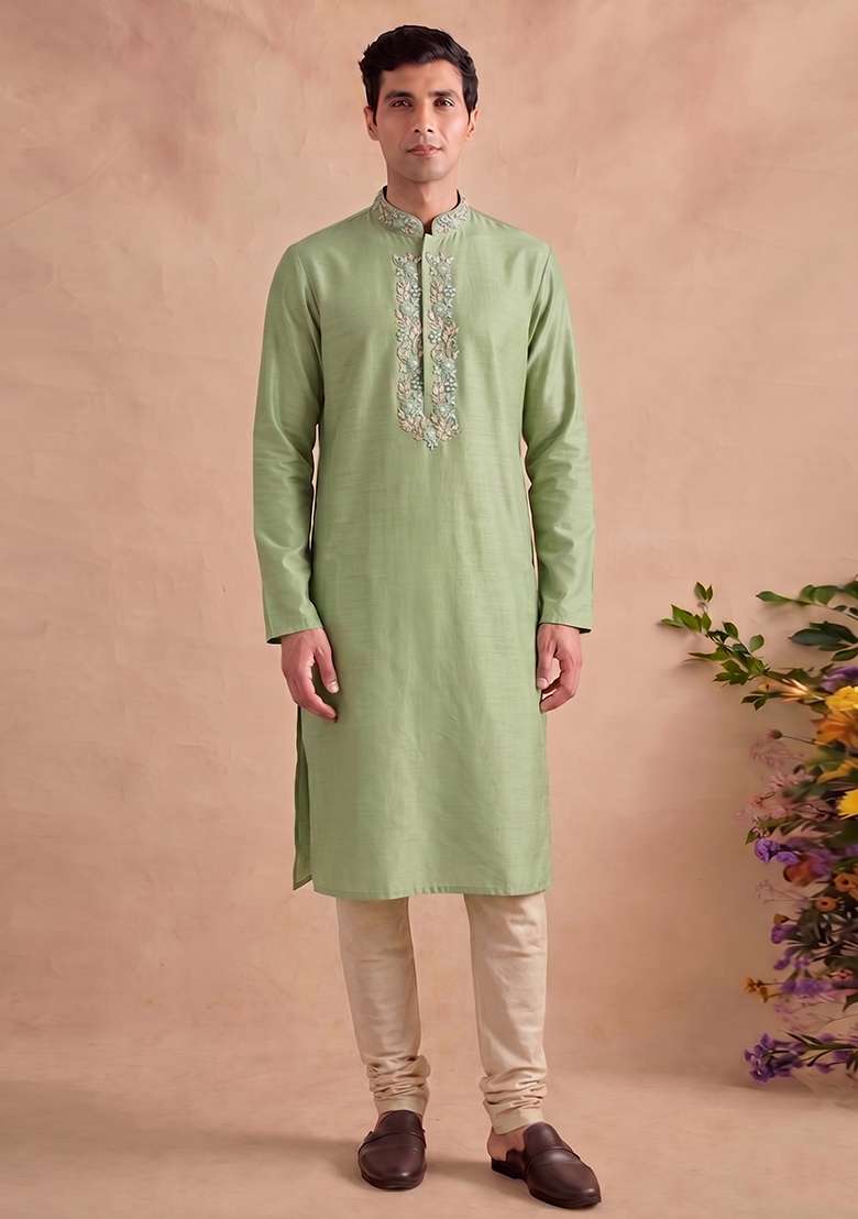 Olive Green Handwork Satin Kurta Set - Indya