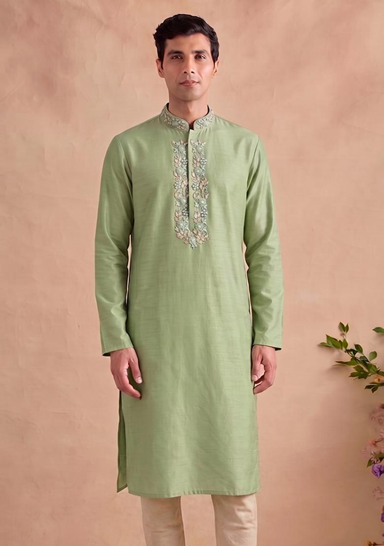Olive Green Handwork Satin Kurta Set - Indya