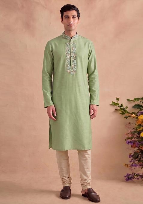 Olive Green Handwork Kurta Set For Men