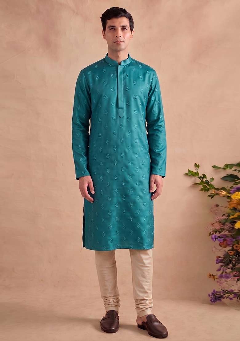 Teal Handwork Satin Kurta Set - Indya