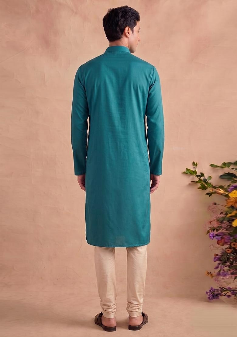 Teal Handwork Satin Kurta Set - Indya